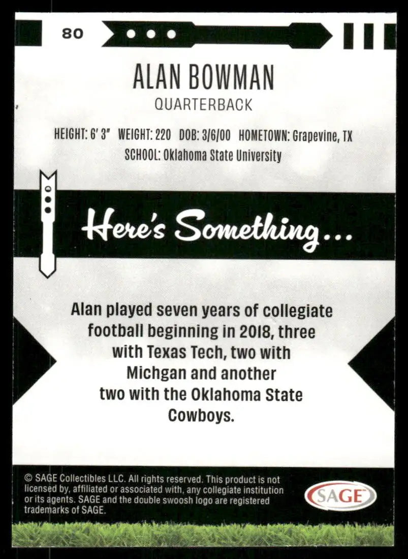 2024 SAGE Alan Bowman #80 Football - Football Card Single