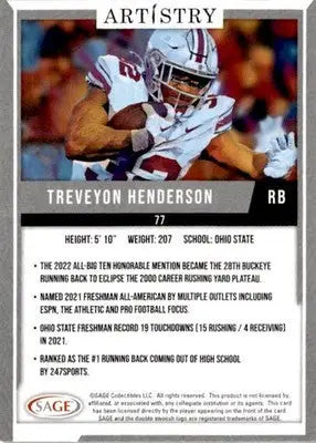 2024 SAGE Artistry #77 Treveyon Henderson Silver - Football Card Single