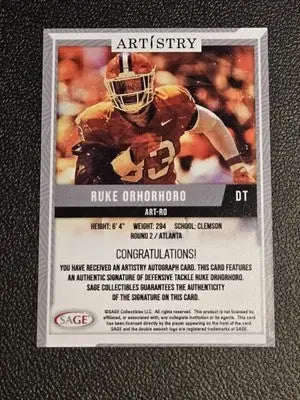 2024 SAGE Artistry #ART-RO Ruke Orhorhoro Autographs Red - Football Card Single