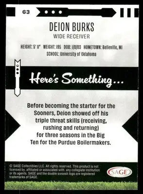 2024 SAGE Deion Burks #63 Football - Football Card Single