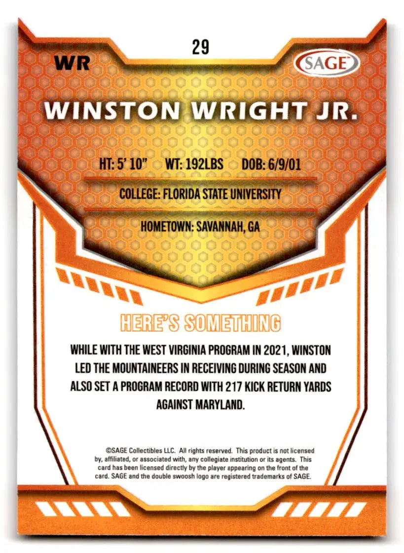 2024 SAGE HIT #29 Winston Wright Jr. - Football Card Single
