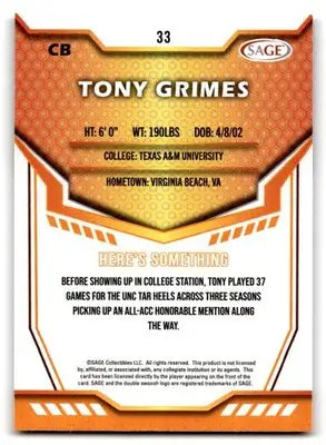 2024 SAGE HIT #33 Tony Grimes - Football Card Single