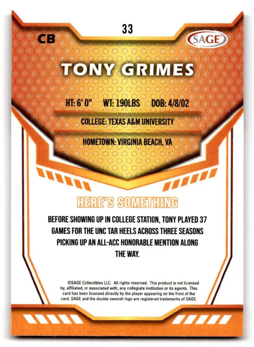 2024 SAGE HIT #33 Tony Grimes - Football Card Single