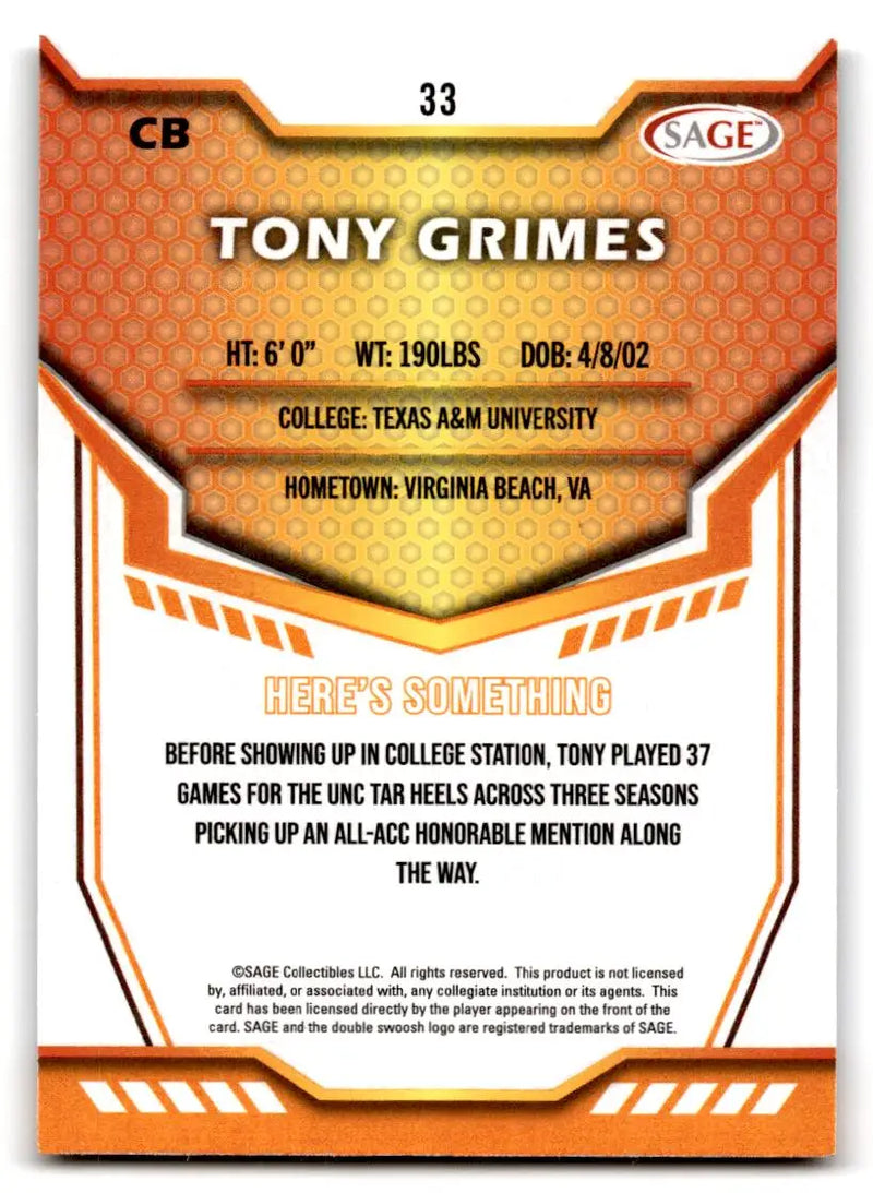 2024 SAGE HIT #33 Tony Grimes - Football Card Single