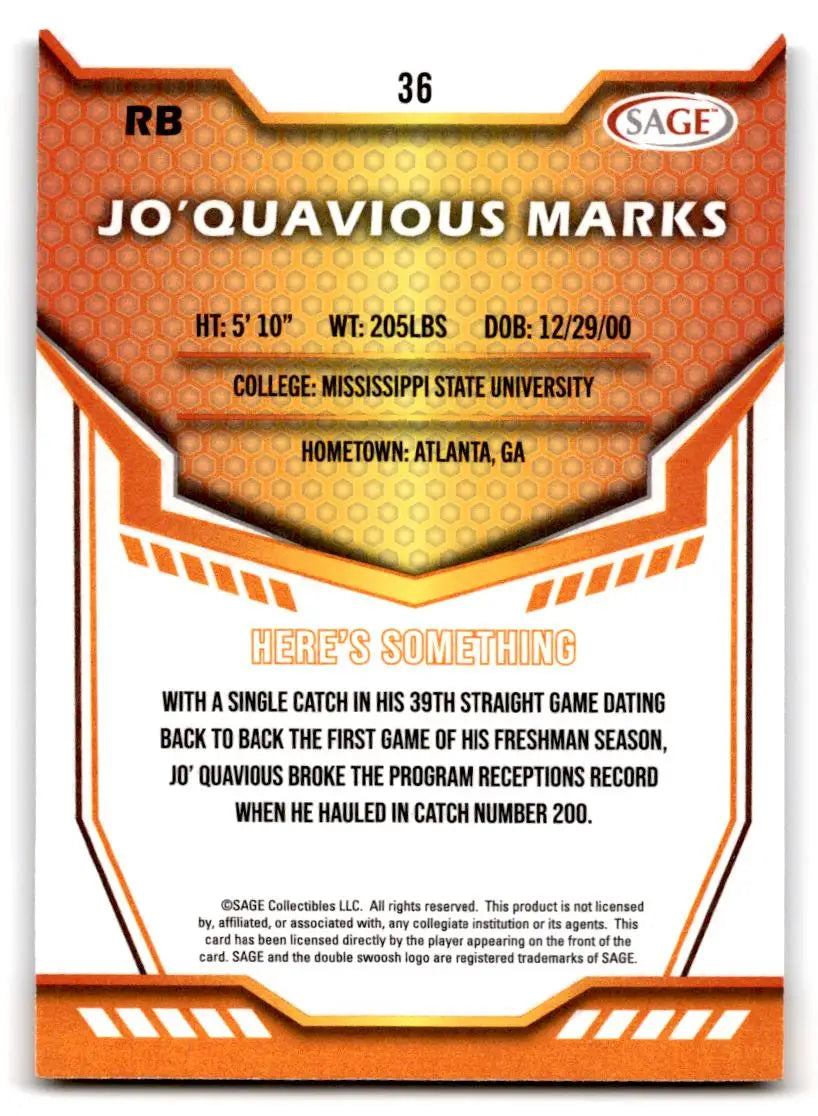 2024 SAGE HIT #36 Jo’Quavious Marks - Football Card Single
