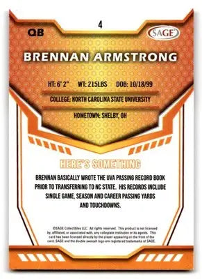 2024 SAGE HIT #4 Brennan Armstrong - Football Card Single