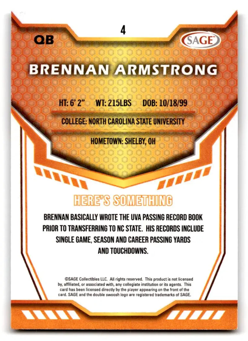 2024 SAGE HIT #4 Brennan Armstrong - Football Card Single