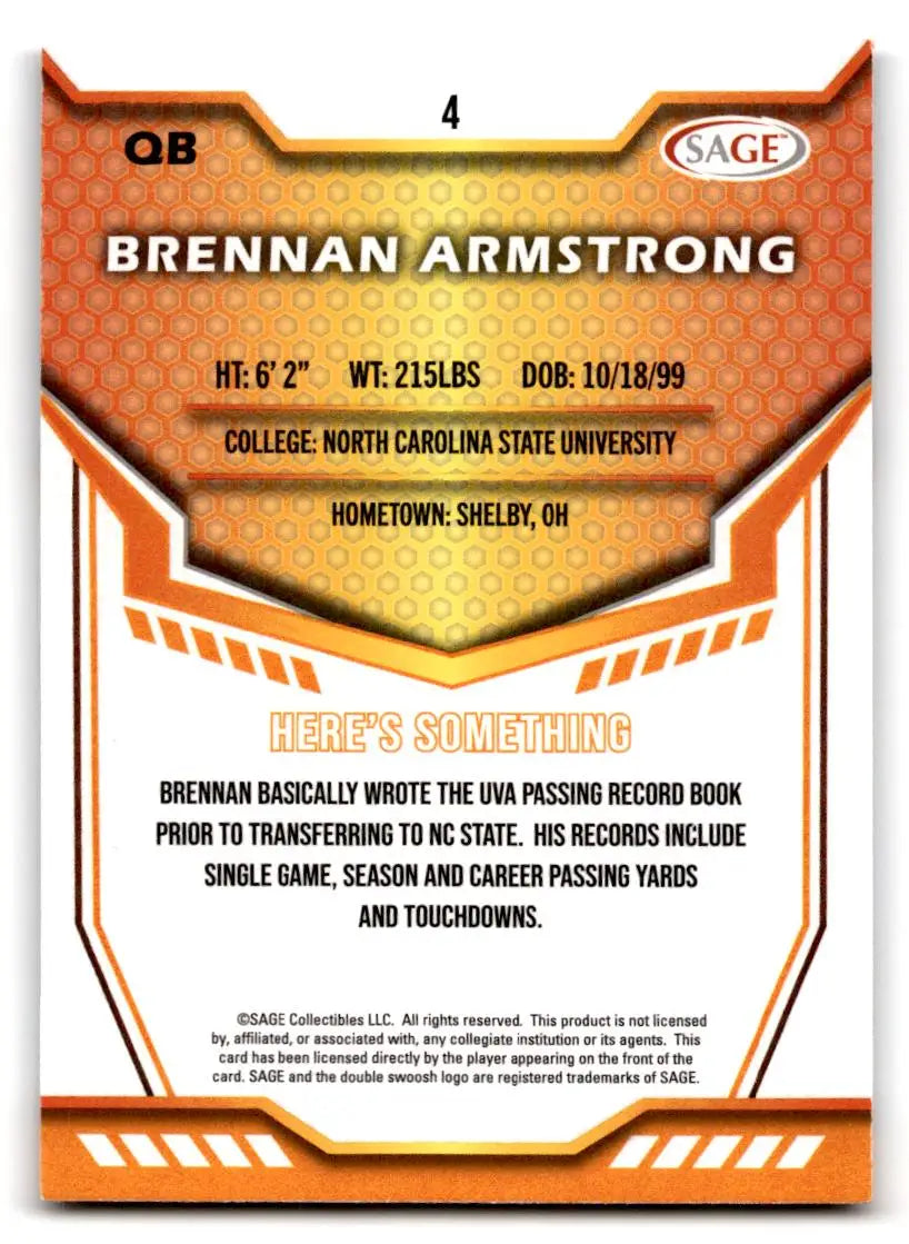 2024 SAGE HIT #4 Brennan Armstrong Silver - Football Card Single