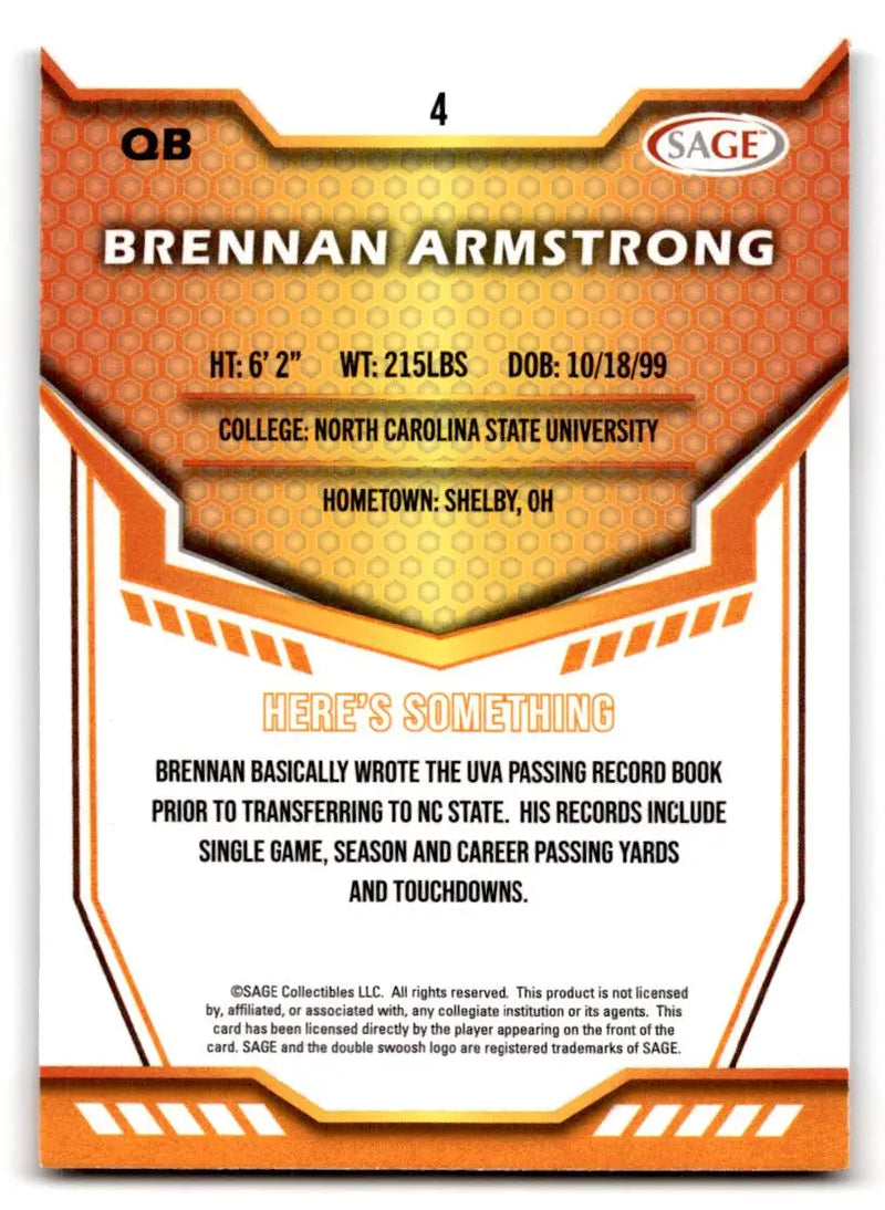 2024 SAGE HIT #4 Brennan Armstrong Silver - Football Card Single