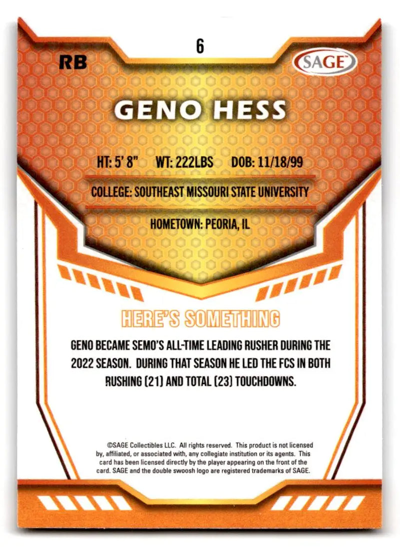 2024 SAGE HIT #6 Geno Hess - Baseball Card Single