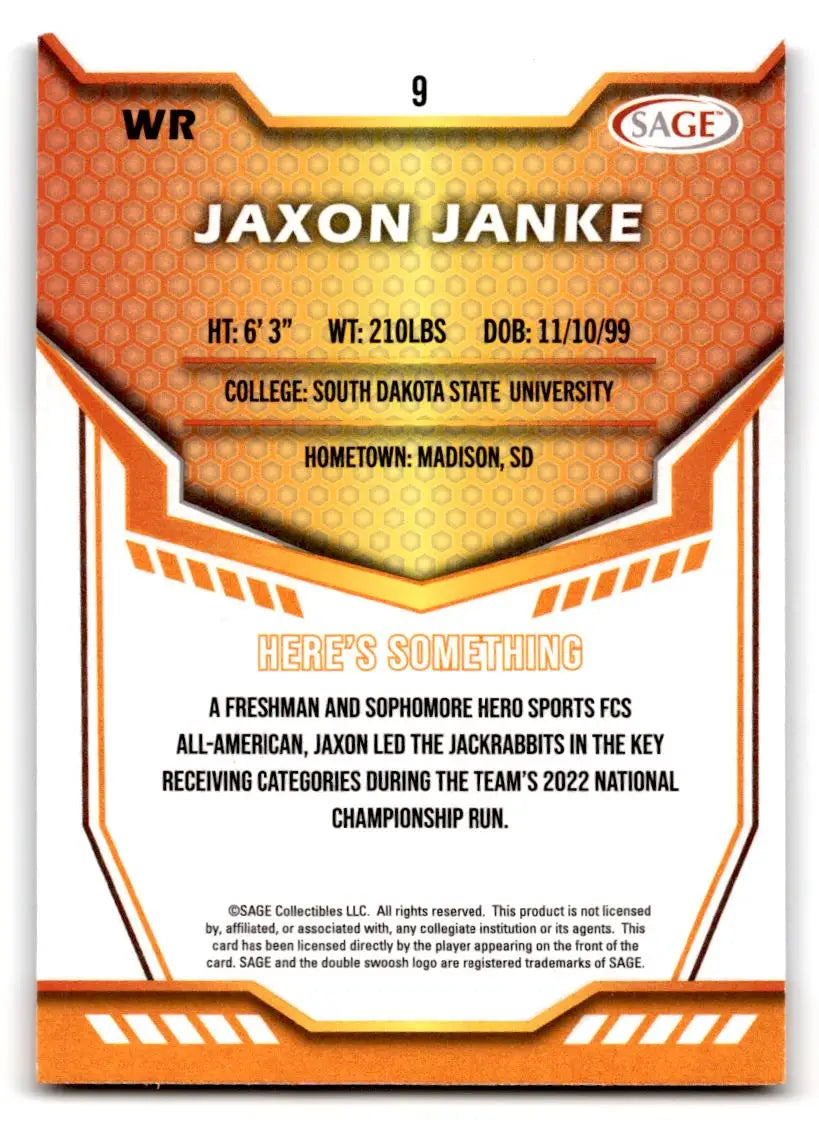 2024 SAGE HIT #9 Jaxon Janke - Football Card Single