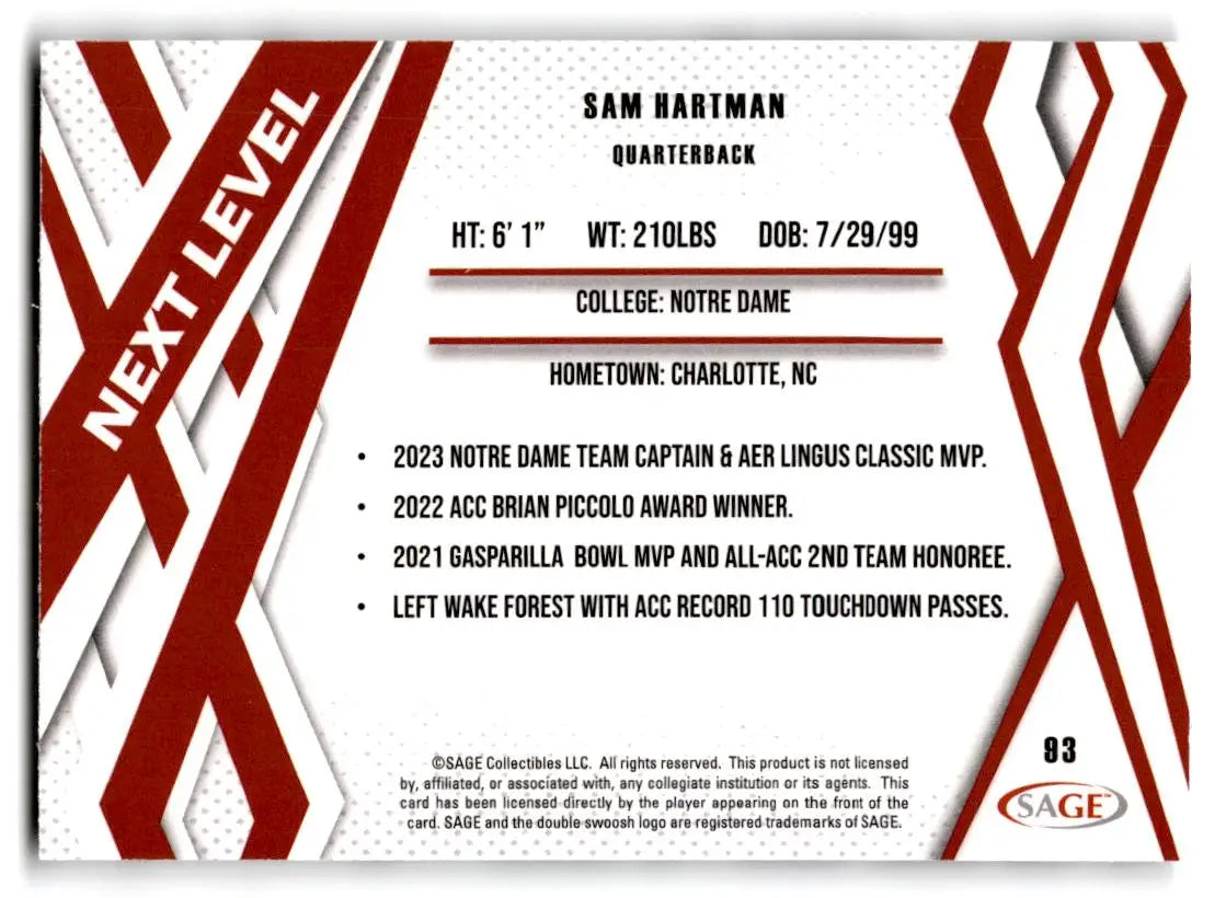 2024 SAGE HIT #93 Sam Hartman - Football Card Single