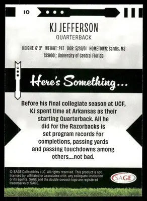 2024 SAGE KJ Jefferson #10 Football - Football Card Single