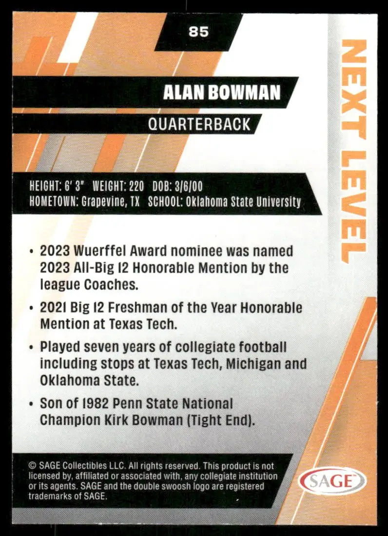 2024 SAGE Next Level Alan Bowman #85 Football - Football Card Single