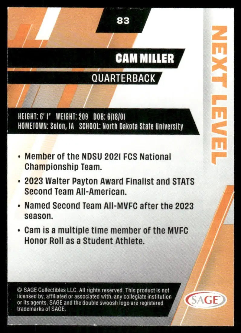 2024 SAGE Next Level Cam Miller #83 Football - Football Card Single