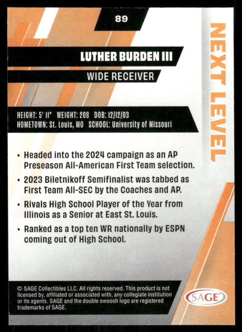 2024 SAGE Next Level Luther Burden III #89 Football - Football Card Single