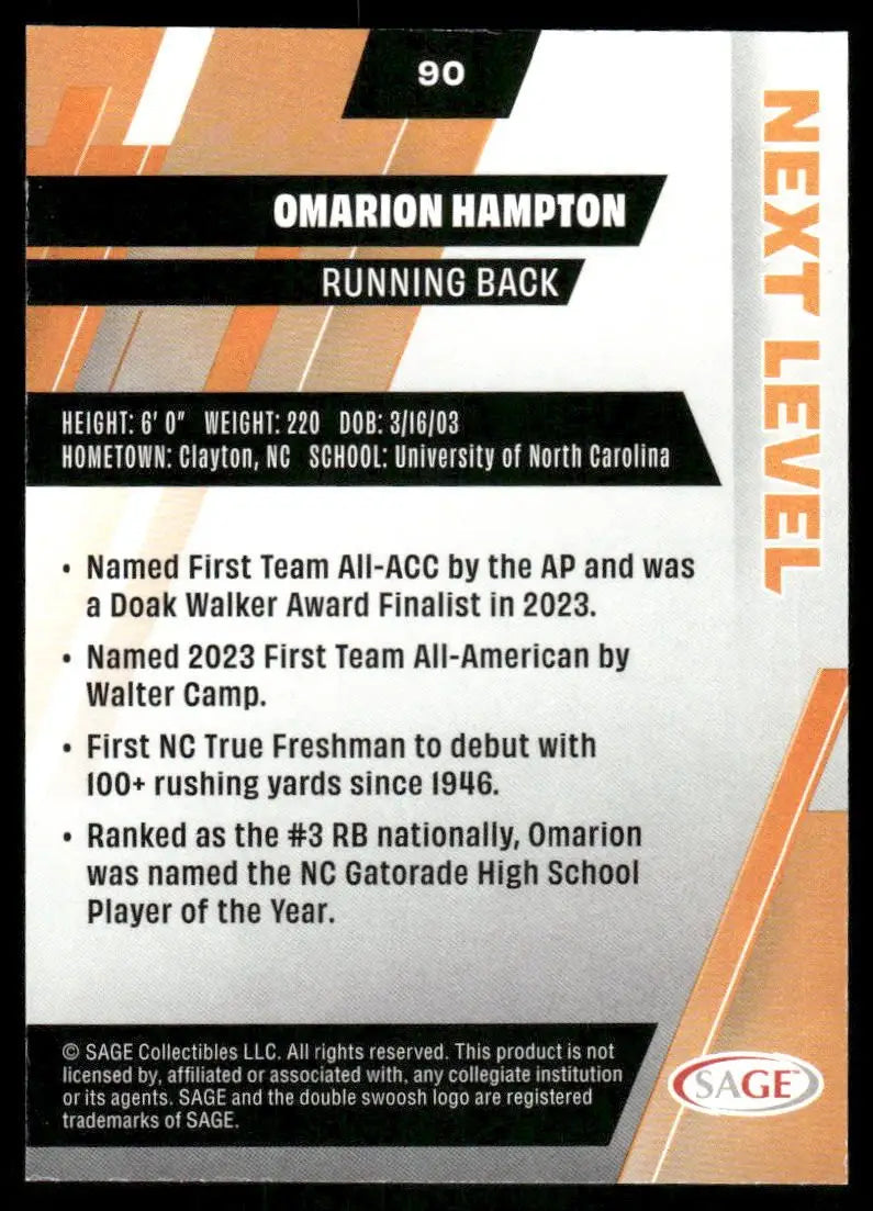 2024 SAGE Next Level Omarion Hampton #90 Football - Football Card Single