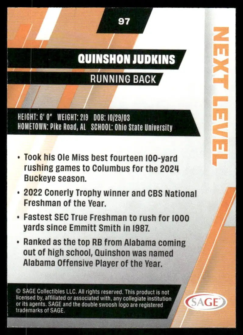 2024 SAGE Next Level Quinshon Judkins #97 Football - Football Card Single