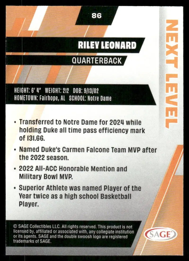 2024 SAGE Next Level Riley Leonard #86 Football - Football Card Single