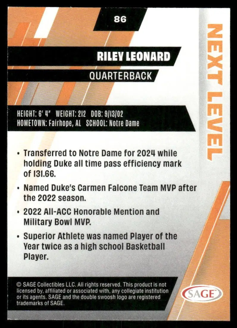 2024 SAGE Next Level Riley Leonard #86 Football - Football Card Single