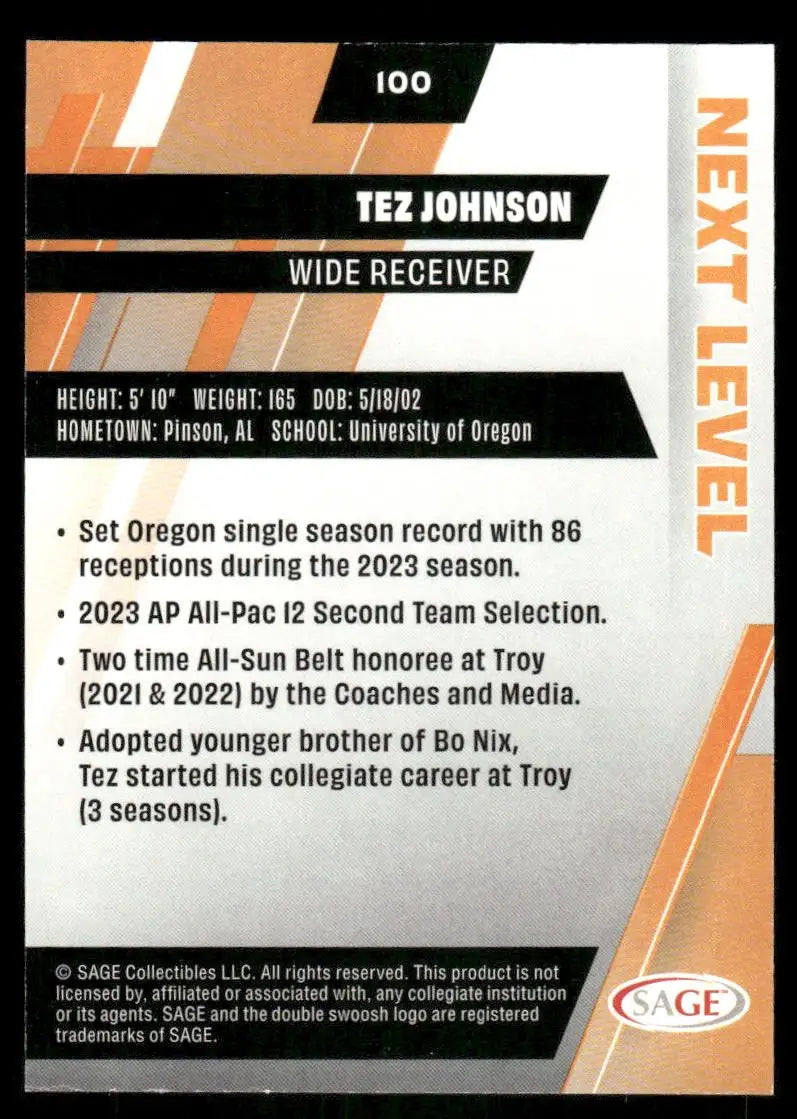 2024 SAGE Next Level Tez Johnson #100 Football - Football Card Single