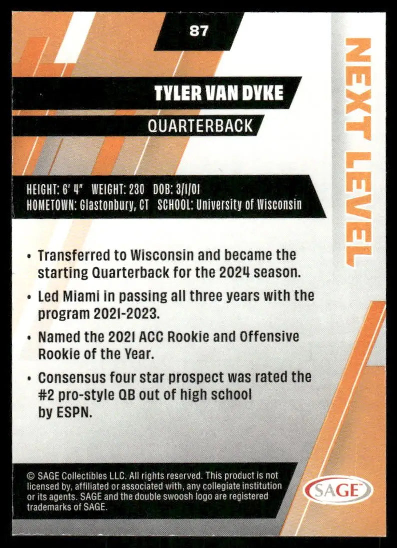 2024 SAGE Next Level Tyler Van Dyke #87 Football - Football Card Single