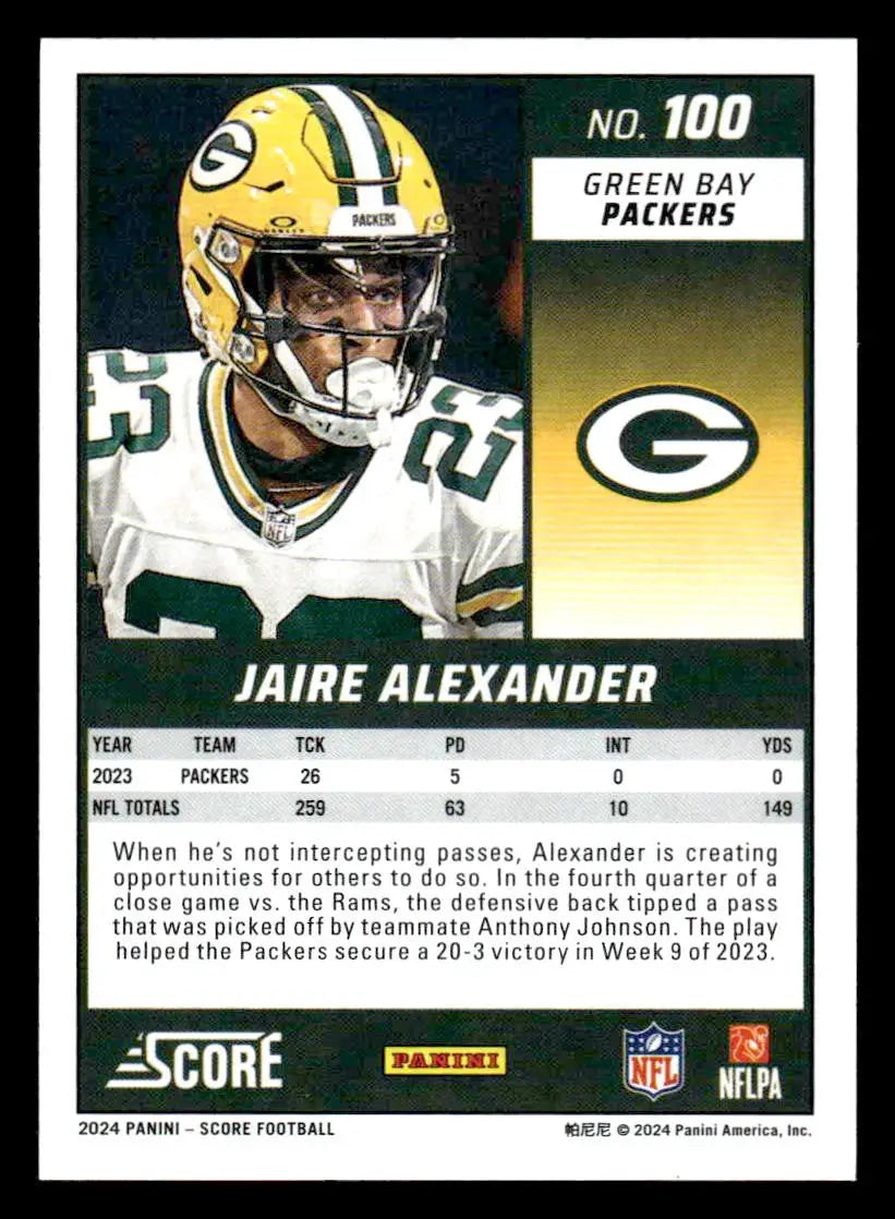 2024 Score #100 Jaire Alexander - Football Card Single