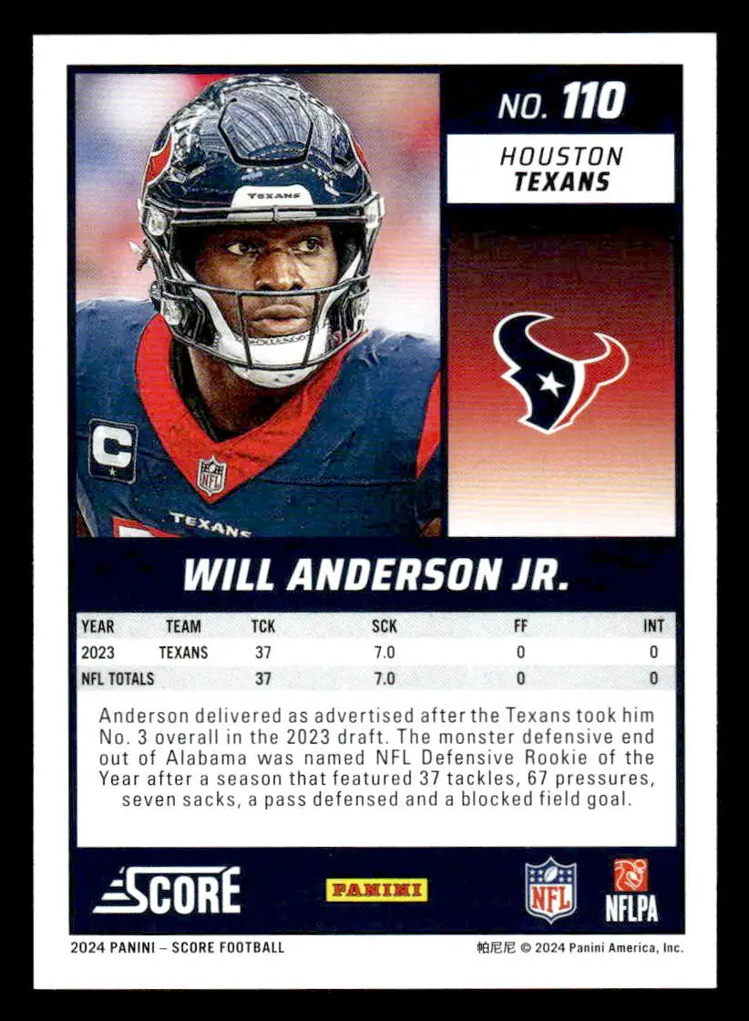 2024 Score #110 Will Anderson Jr. - Football Card Single