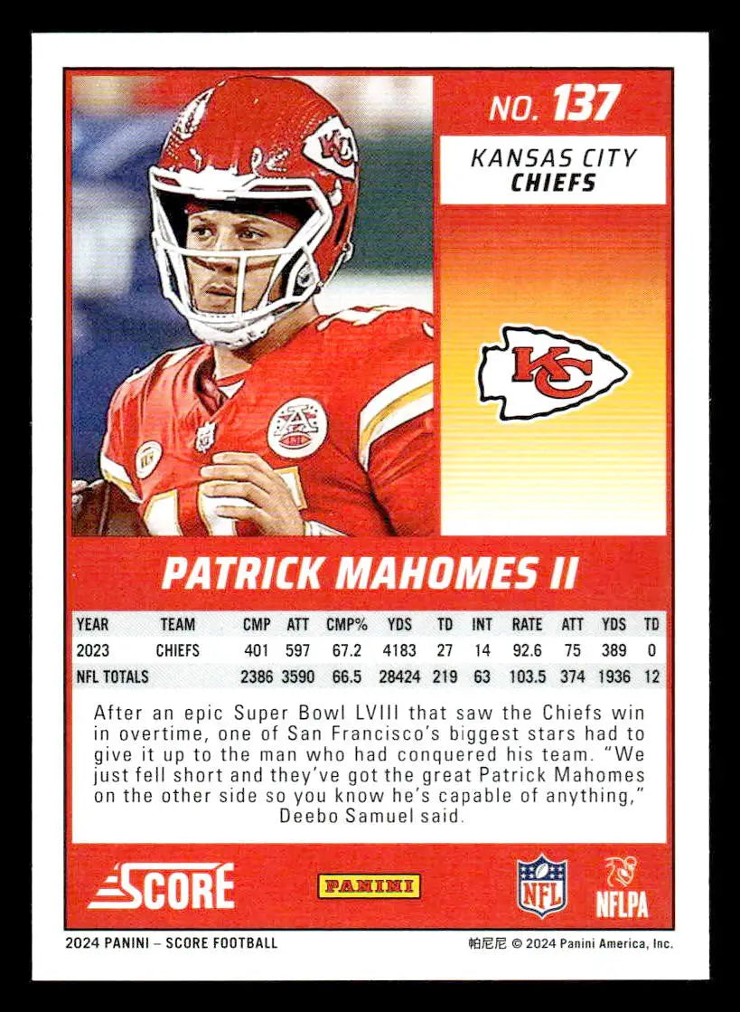 2024 Score Patrick Mahomes II Kansas City Chiefs football trading card