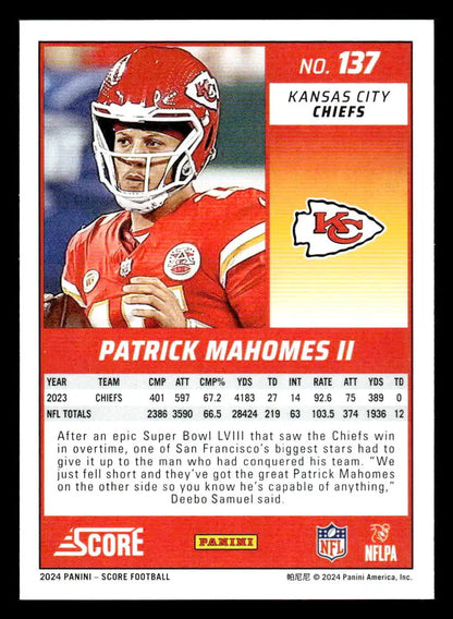 2024 Score Patrick Mahomes II Kansas City Chiefs football trading card