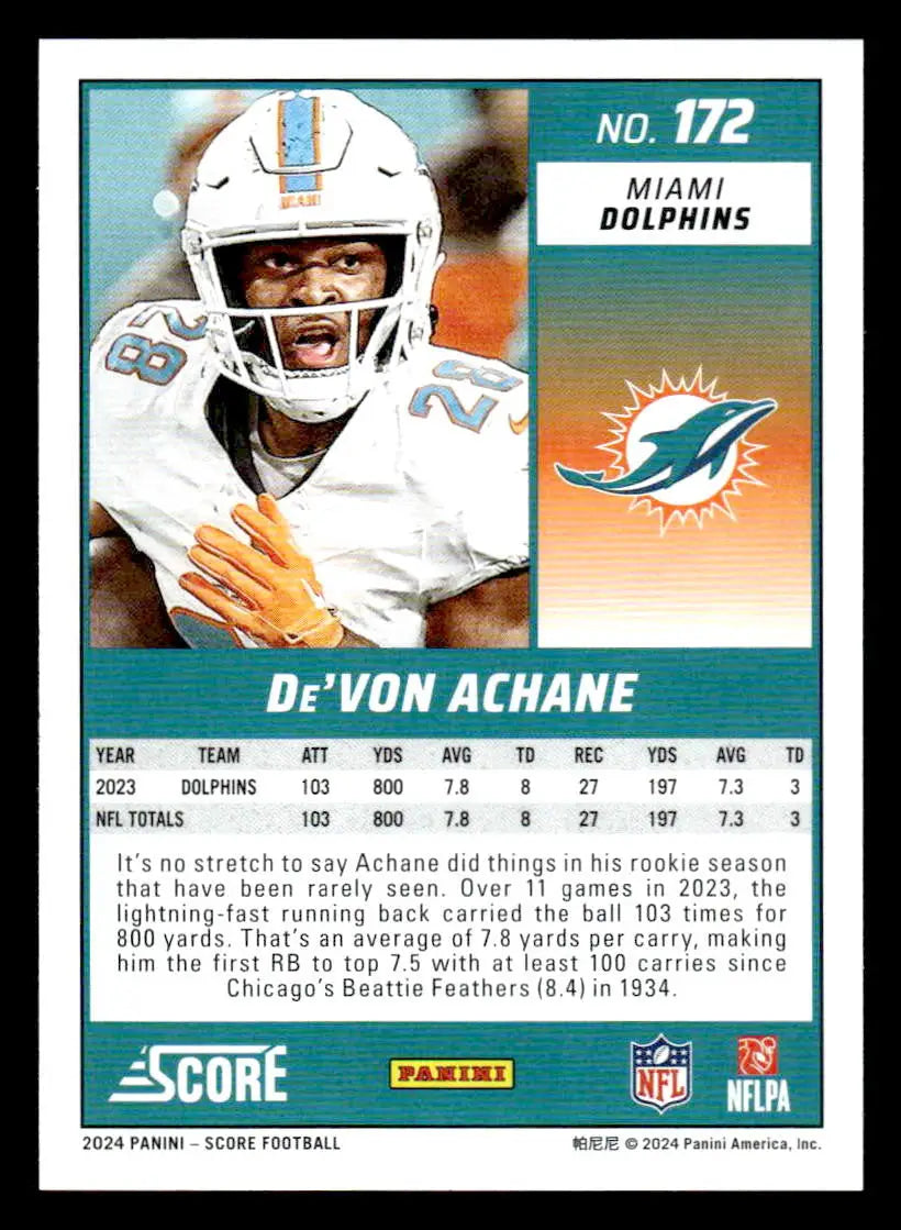 2024 Score #172 De’Von Achane - Football Card Single