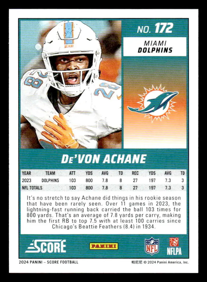 2024 Score #172 De’Von Achane - Football Card Single