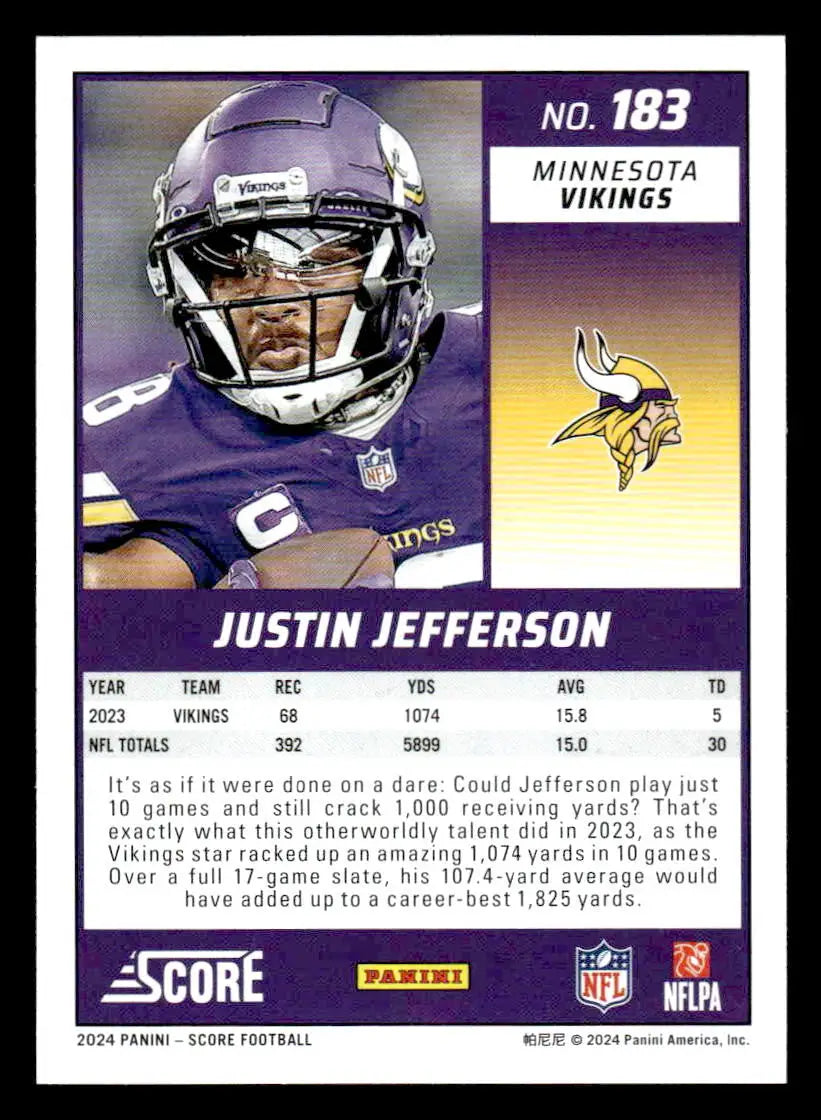 2024 Score #183 Justin Jefferson Minnesota Vikings - Football Card Single