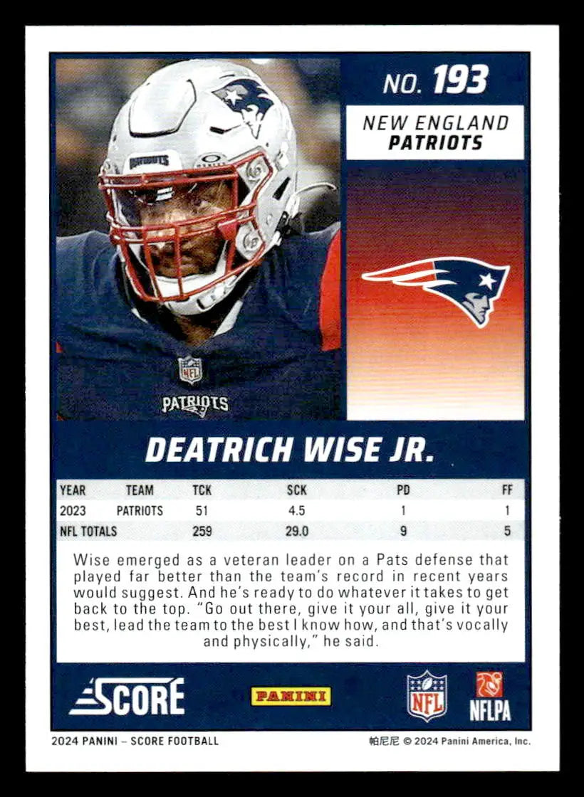 2024 Score #193 Deatrich Wise Jr. - Football Card Single