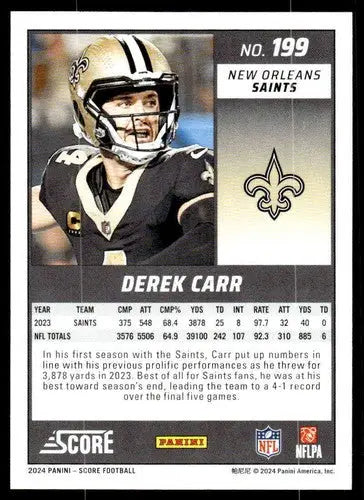 Original gloss Derek Carr football card 2024 Score #199 NM-MT Saints ID:75689