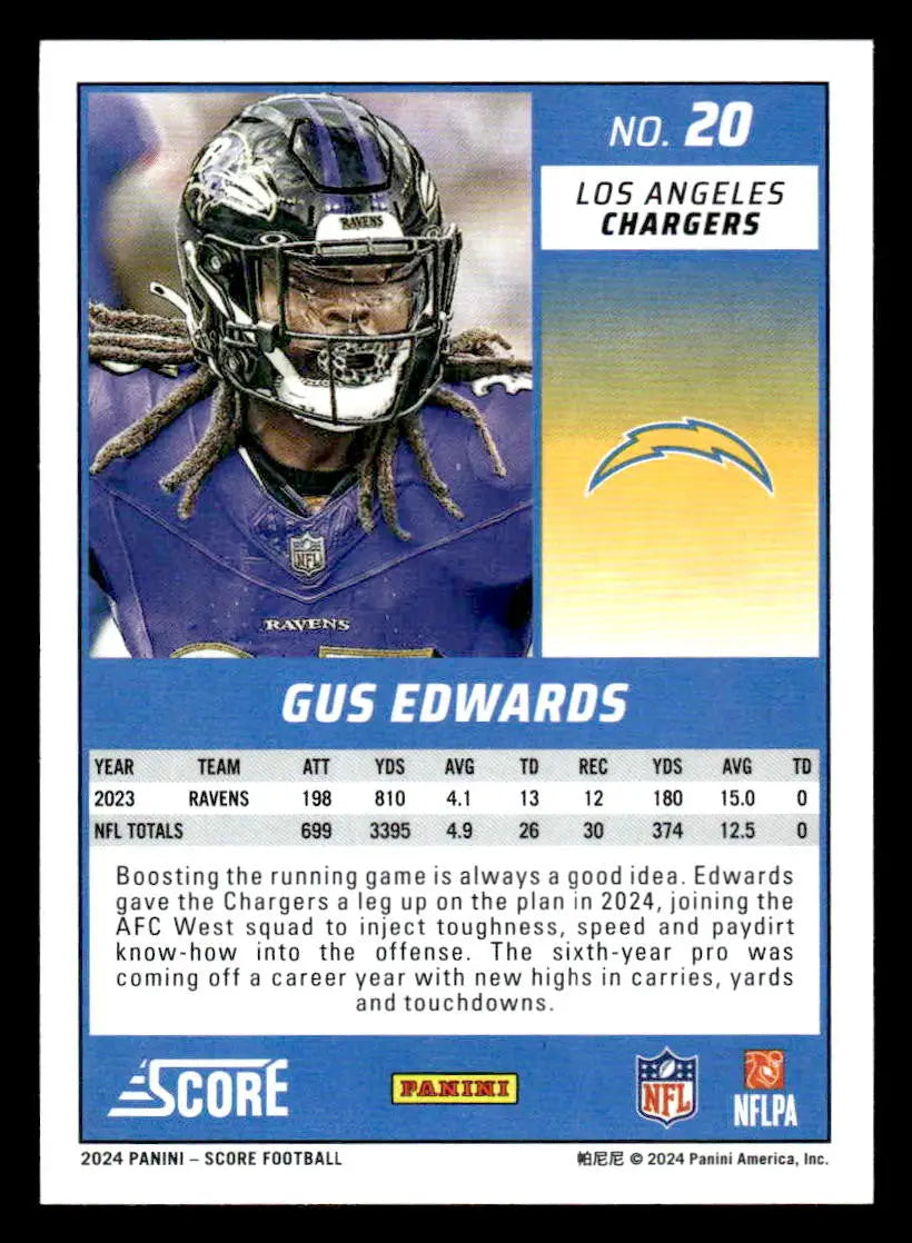 2024 Score #20 Gus Edwards - Football Card Single