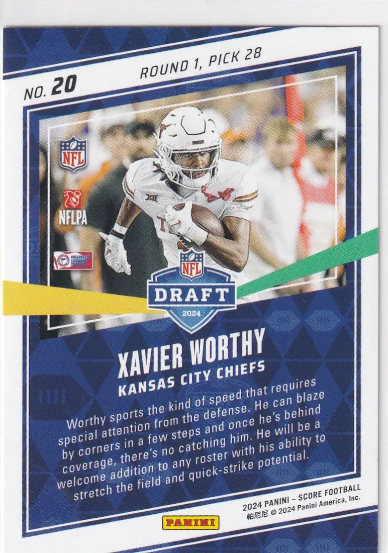 2024 SCORE #20 XAVIER WORTHY DRAFT- KANSAS CITY CHIEFS