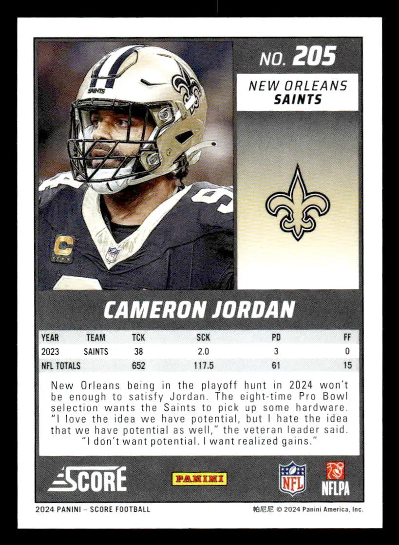 2024 Score #205 Cameron Jordan - Football Card Single