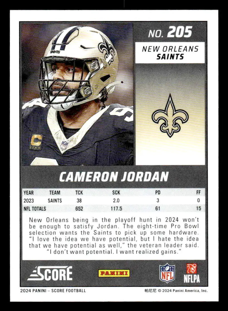 2024 Score #205 Cameron Jordan - Football Card Single
