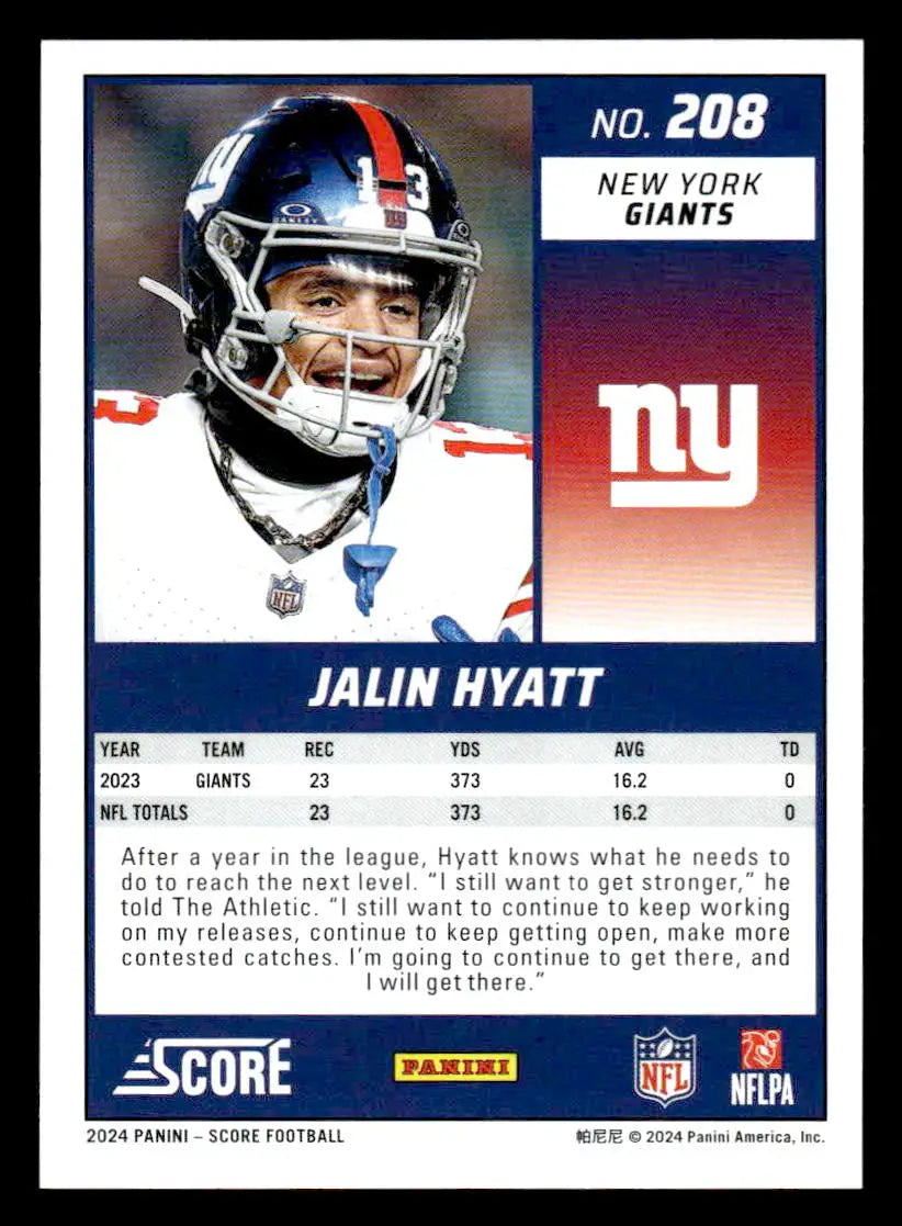 2024 Score #208 Jalin Hyatt - Football Card Single