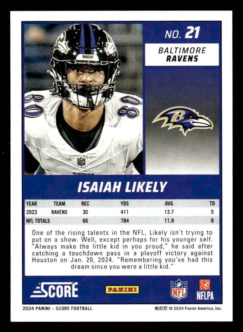 2024 Score #21 Isaiah Likely - Football Card Single