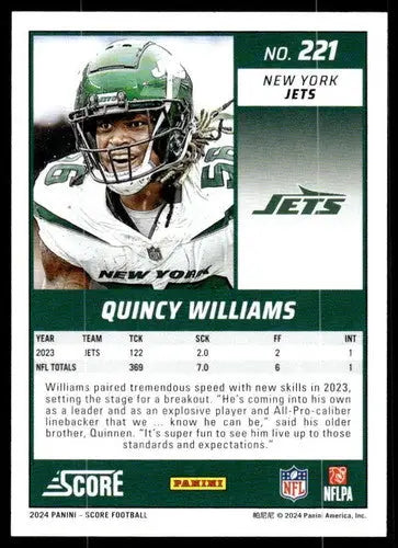 Original gloss Quincy Williams football card 2024 Score NM Near Mint NY Jets
