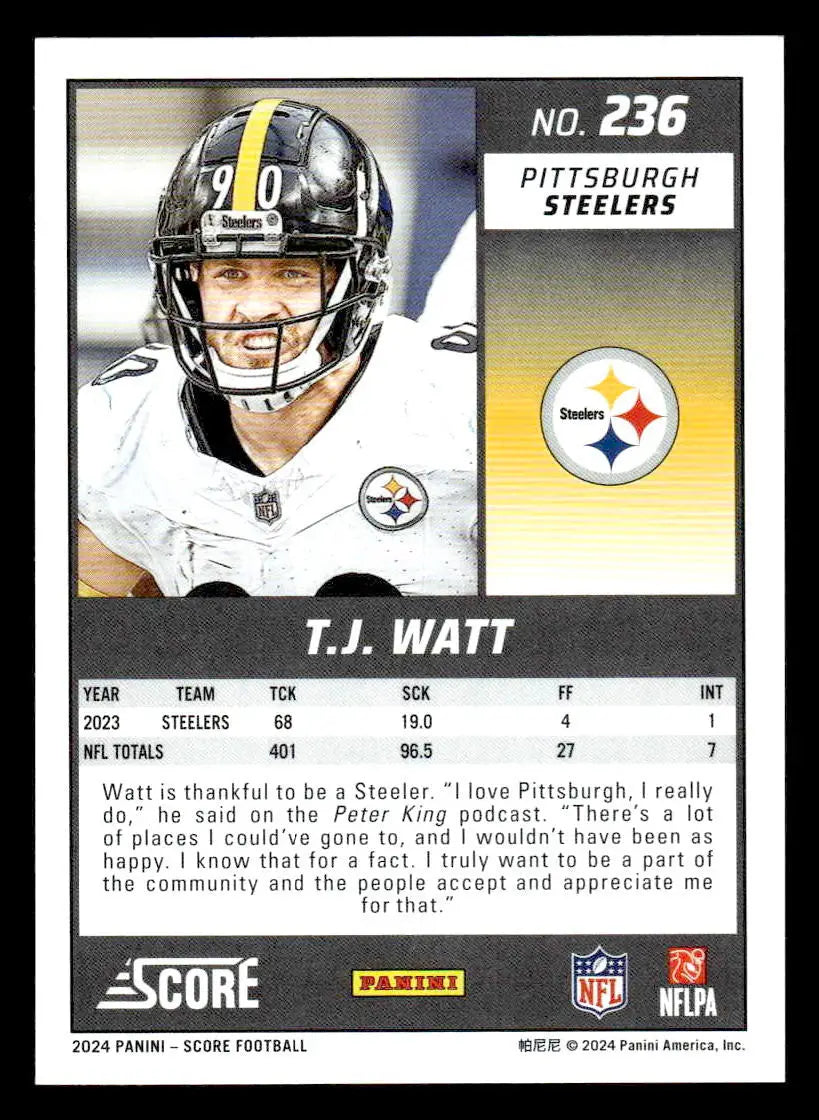 2024 Score #236 T.J. Watt - Football Card Single