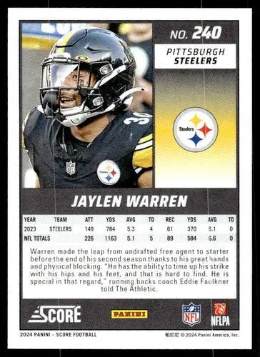 Original gloss Jaylen Warren football card 2024 Score mint Steelers ID 75901