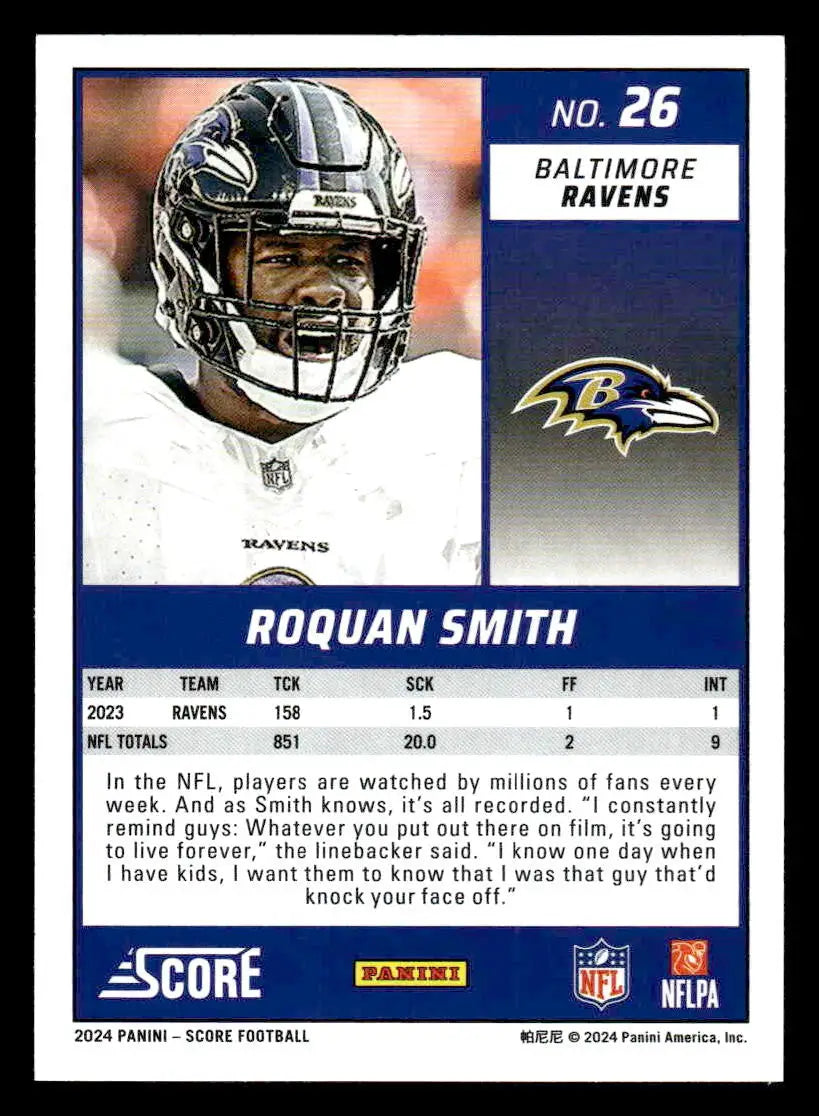 2024 Score #26 Roquan Smith - Football Card Single