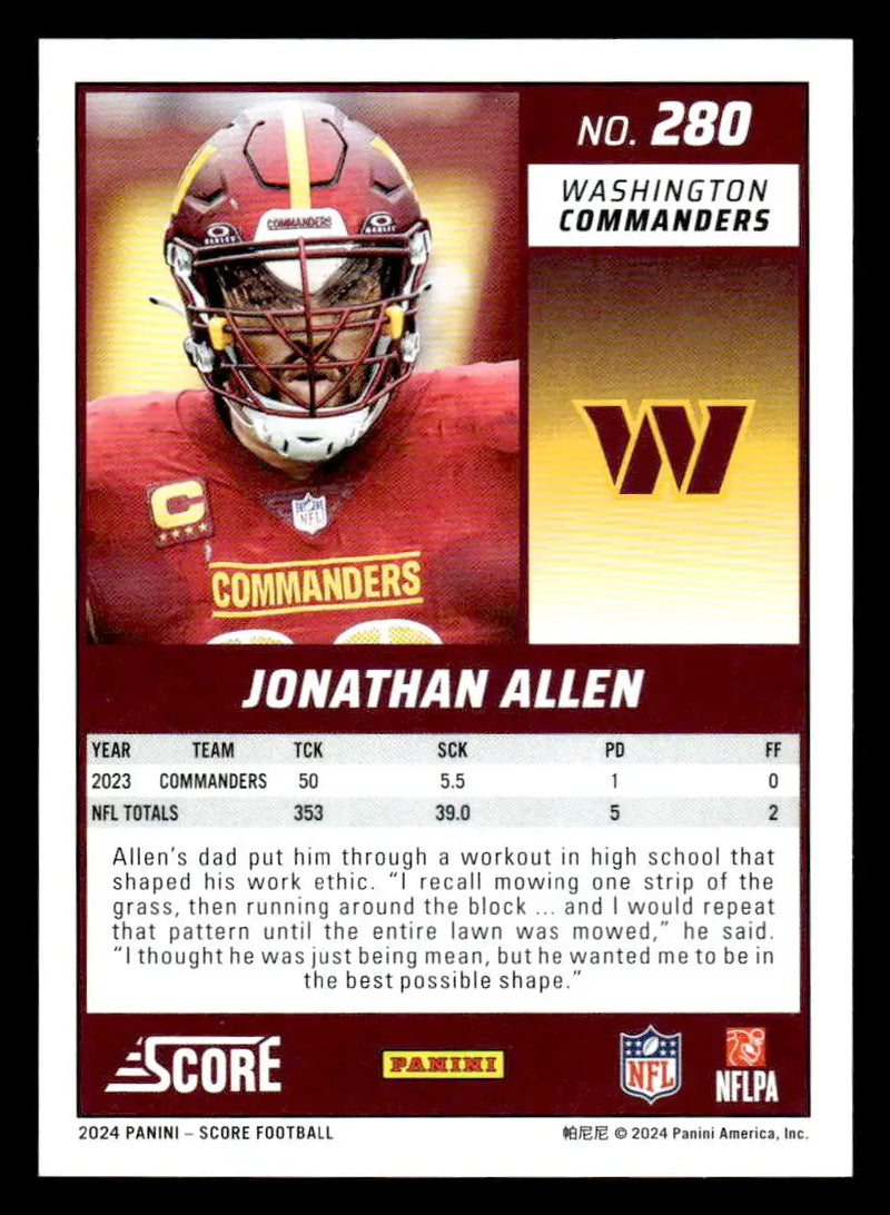 2024 Score #280 Jonathan Allen - Football Card Single