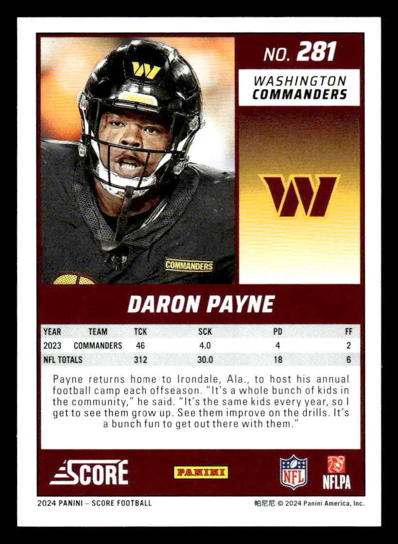 2024 Score #281 Daron Payne - Football Card Single