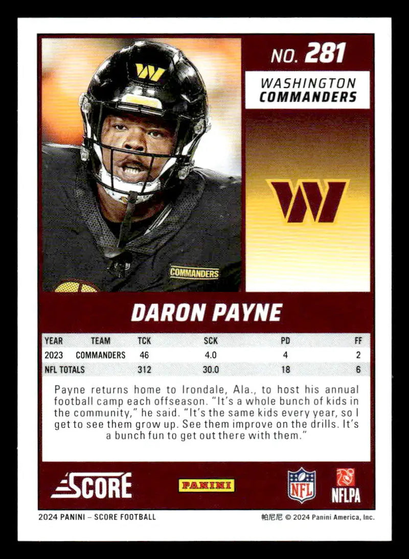 2024 Score #281 Daron Payne - Football Card Single