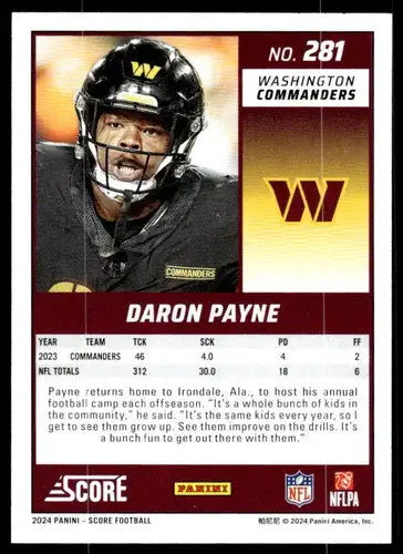 Original gloss Daron Payne football card from 2024 Score Mint Commanders near mint