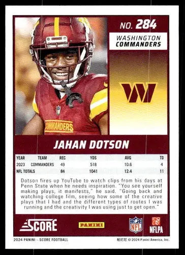 Original gloss Jahan Dotson football card mint Commanders 2024 Score #284 Near Mint